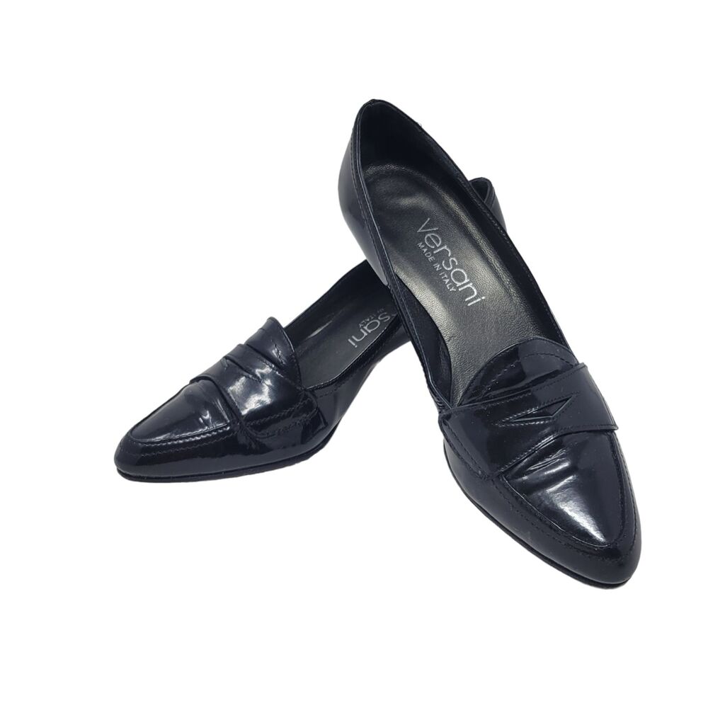 Versani Black Leather Penny Loafer Dress Pump Heels size 7 Made in Italy